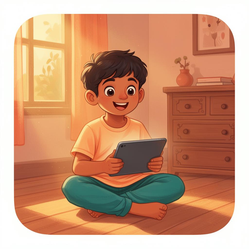 A young Indian child happily learning on a tablet